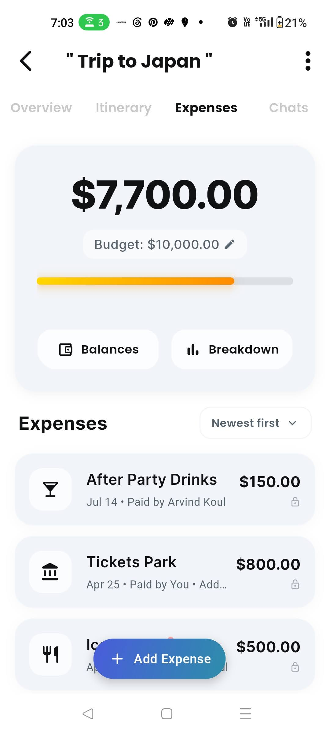 Getaway trip expenses showing budget progress, balances, breakdown, and shared expenses