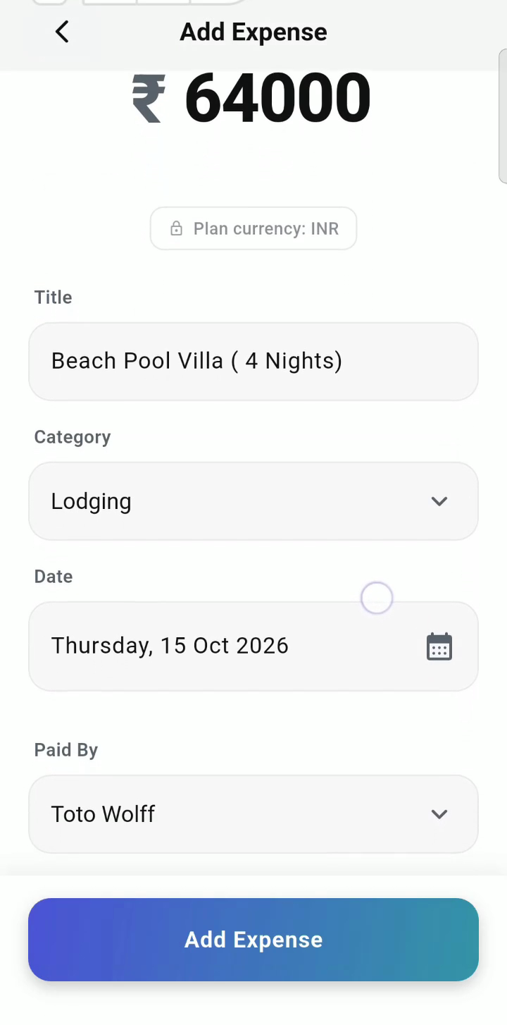 Adding ₹64,000 Beach Pool Villa expense with category, date, and payer selection