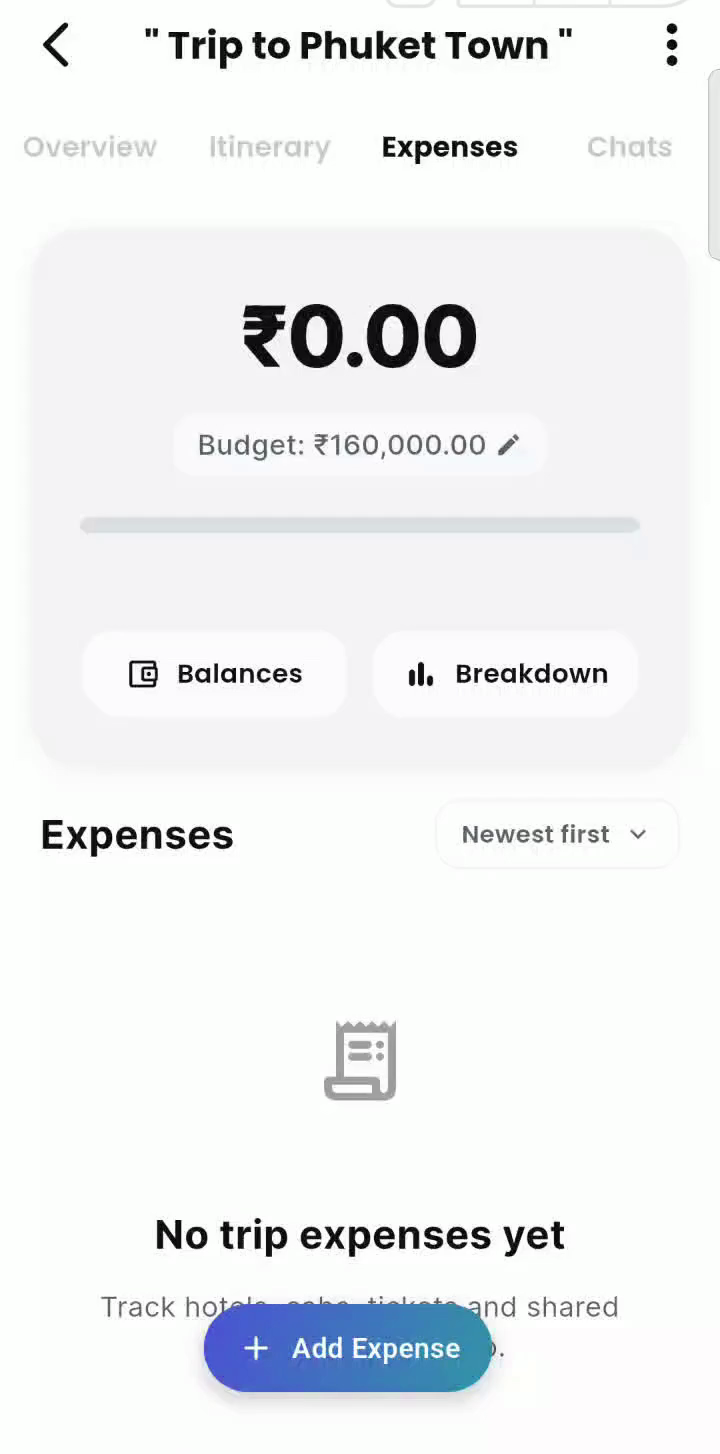 Expenses dashboard initial setup with locked INR currency and ₹160,000 group budget