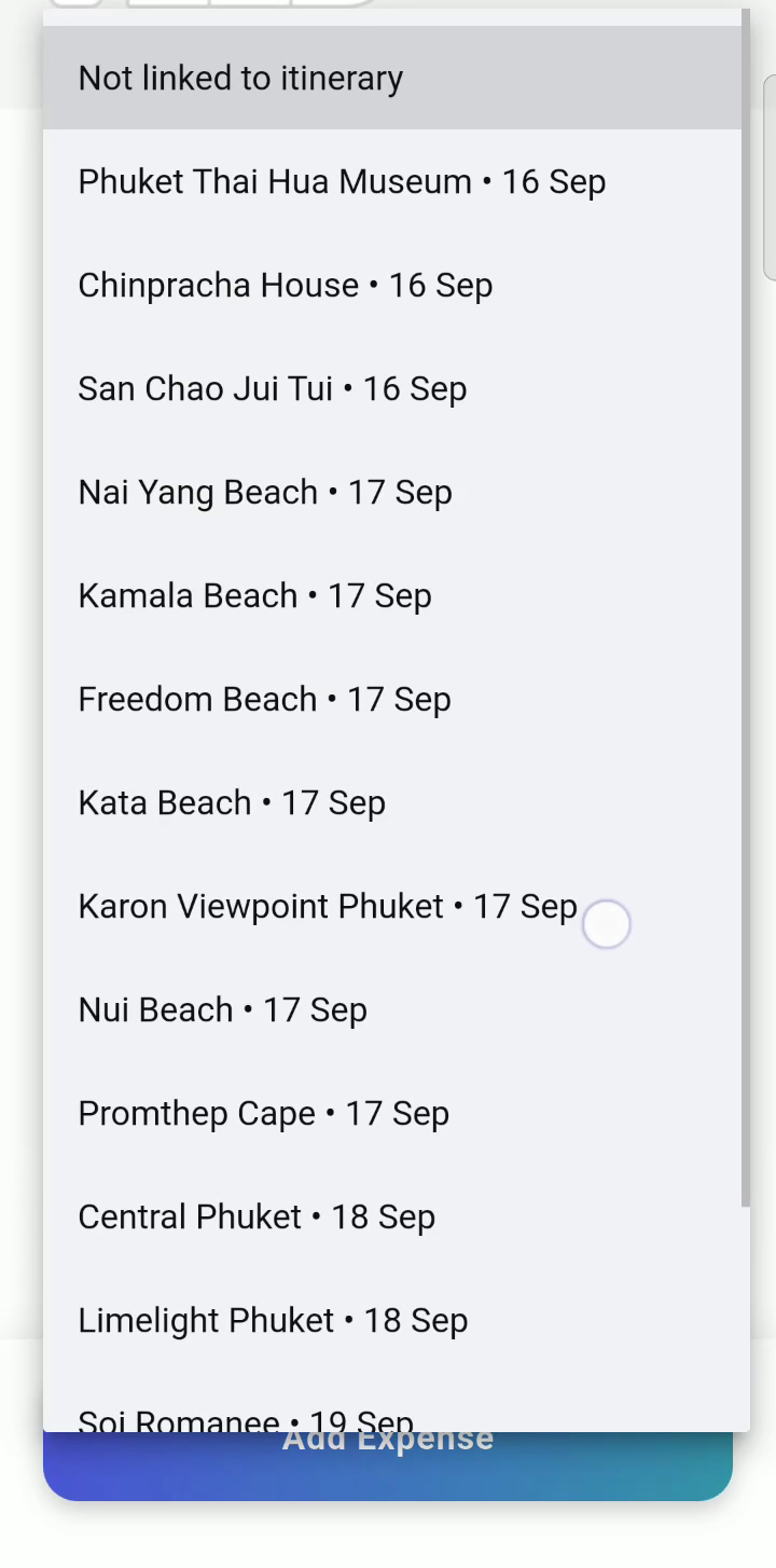 Linking expense directly to Phuket itinerary activity via dropdown menu