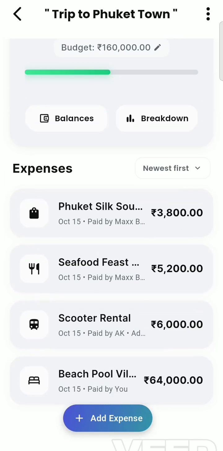Shared trip expenses feed showing villa, scooters, seafood feast, and silk souvenir totaling ₹79,000