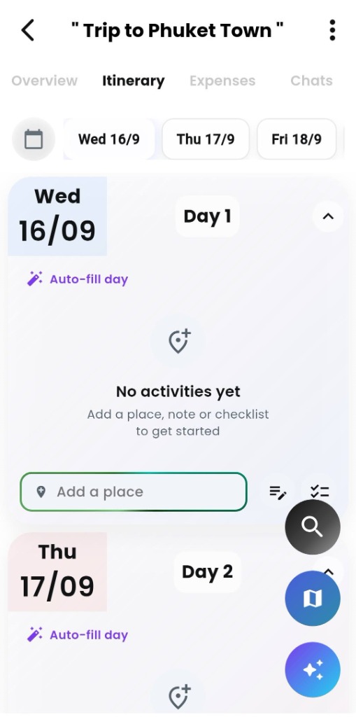Getaway Itinerary Canvas inside a created trip