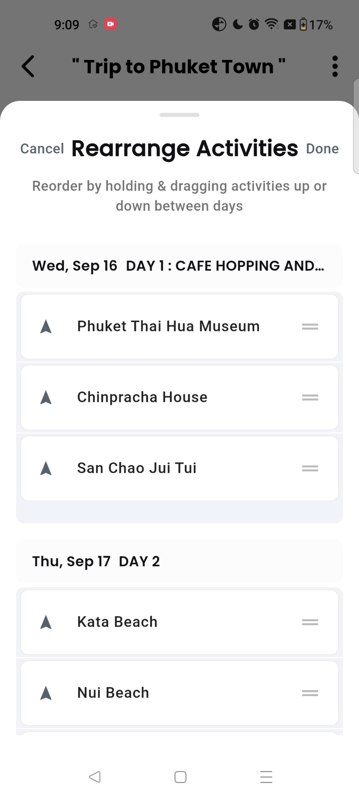 Getaway Rearrange Activities modal showing multi-day drag and drop across Day 1 and Day 2