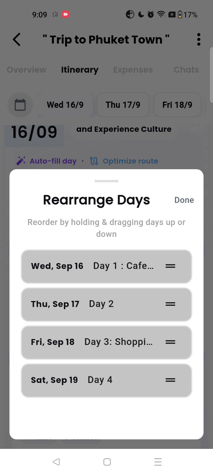 Getaway Rearrange Days modal showing drag handles to reorder entire days