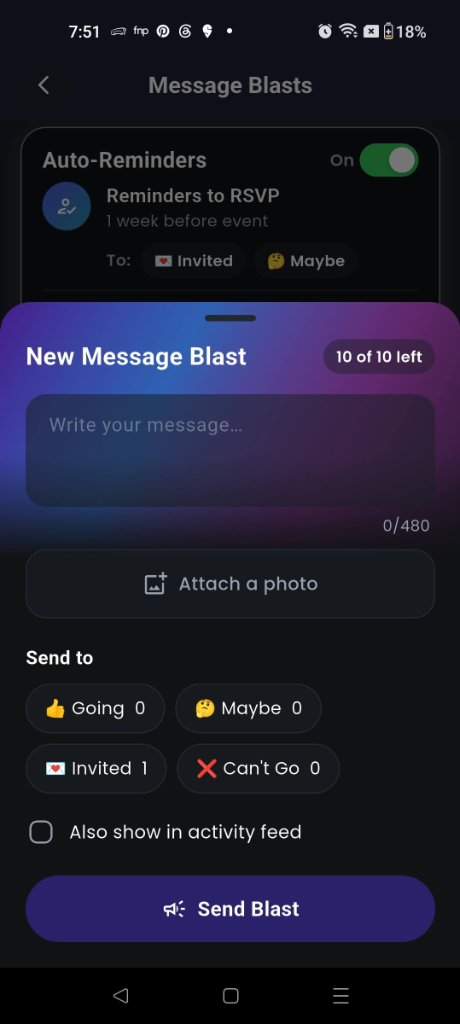 Composing a new Message Blast targeting guests by RSVP status with photo and activity feed options