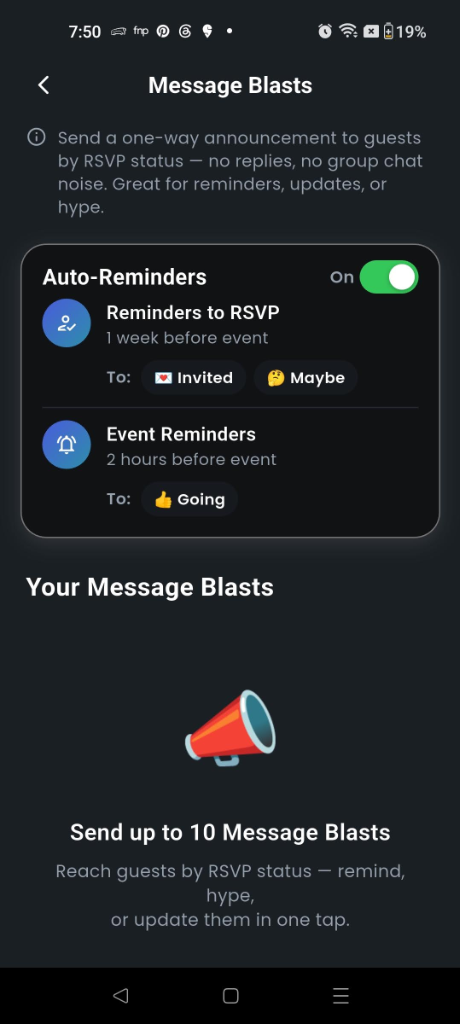 Getaway Message Blasts dashboard showing automated reminders and 10-blast quota