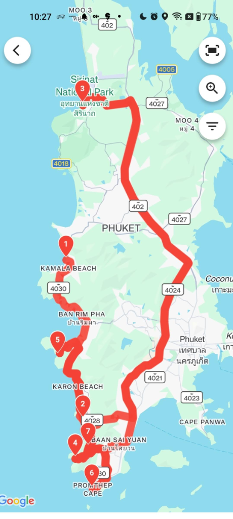 Before route optimization: chaotic zigzag route criss-crossing Phuket back and forth