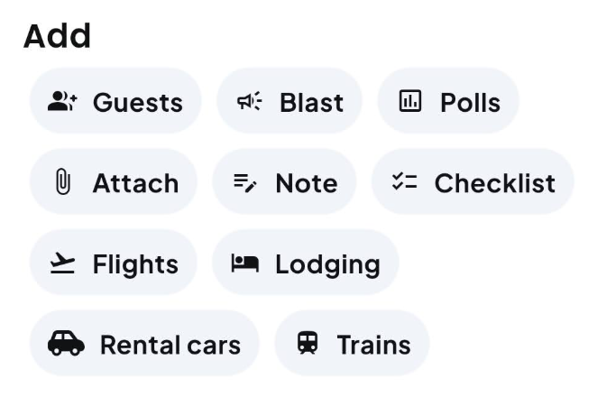 Getaway Add action bar with quick button cards for logistics, notes, checklists, and coordination