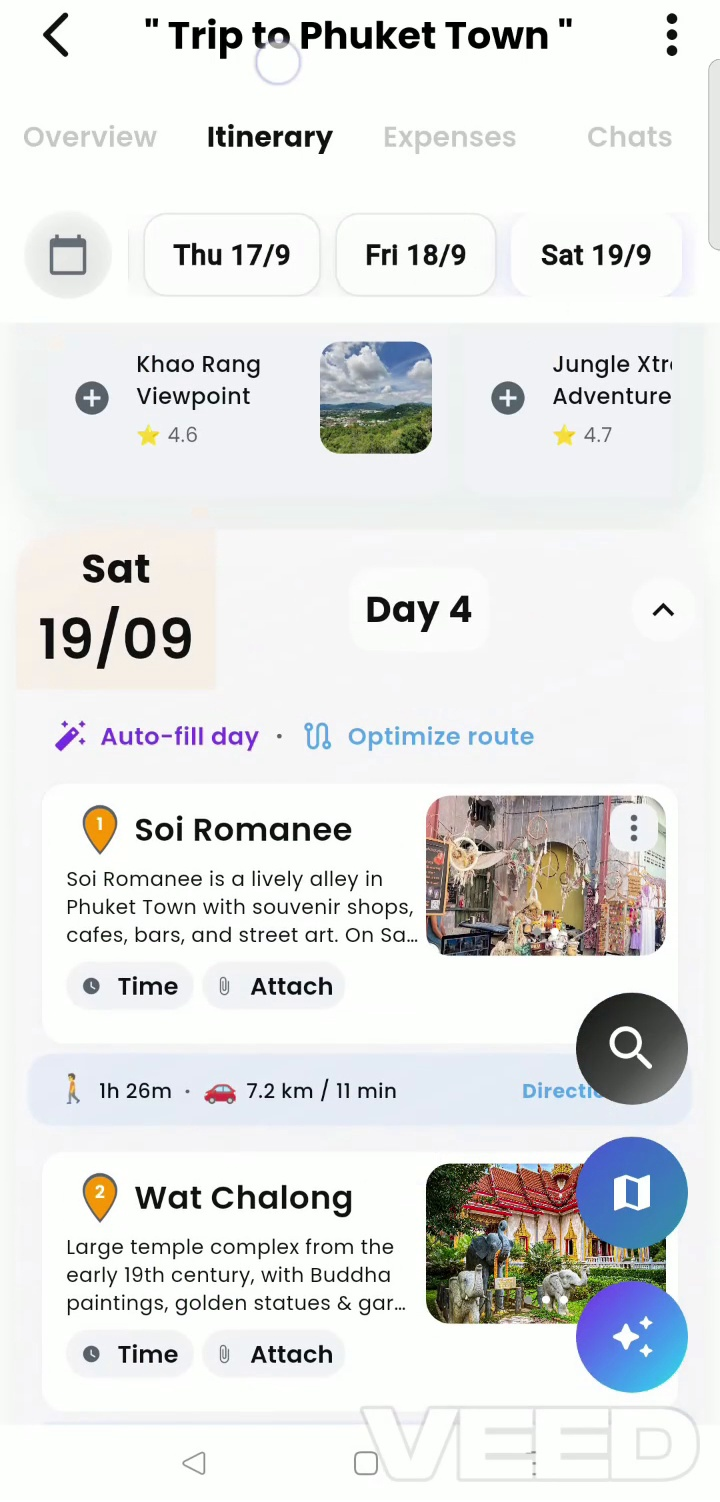 Getaway timeline with places added from explore and in-canvas Suggested Places carousel