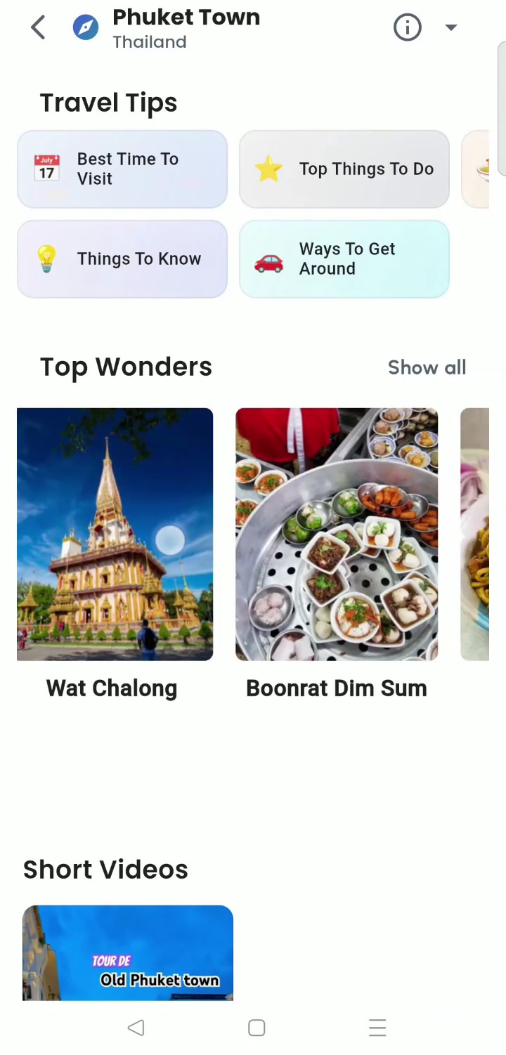 Getaway Destination Explore Hub showing travel tips, top wonders, and short video reels
